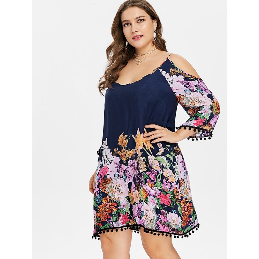 Plus Size Floral Cold Shoulder Dress - Slate Blue - Picture 4 of 8